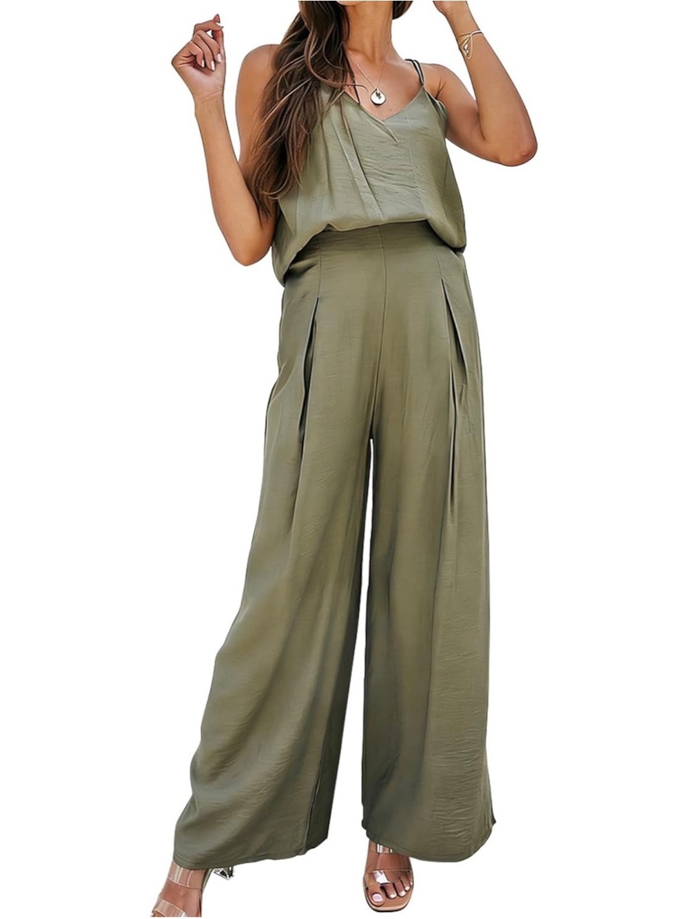 KEOMUD Olive Green Wide Leg Two Piece Pant Set Cami Top Size Large